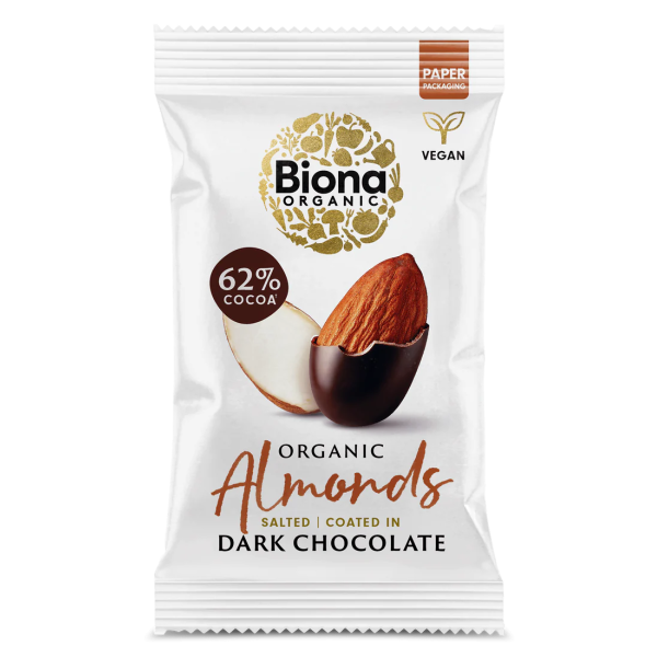 Migdale sarate invelite in ciocolata neagra bio 30g Biona