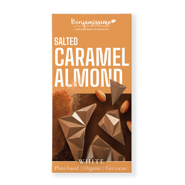 Ciocolata alba cu migdale si caramel sarat bio 60g Benjamissimo