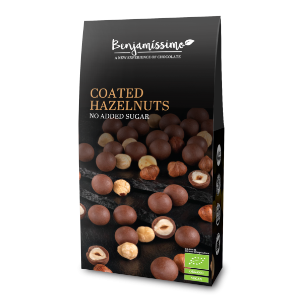 Alune de padure invelite in ciocolata cu praline bio ,  60g Benjamissimo
